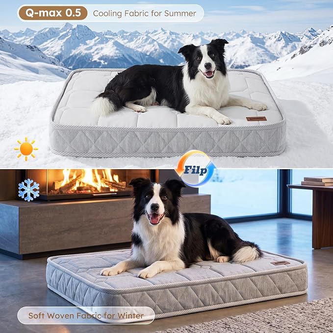 ZOMISIA Reversible Warm & Cooling Dog Bed for All Season Q-Max 0.5, Orthopedic Dog Bed Matrress for Large Dogs, 3" Thick Egg Crate Foam Pet Bed with Detachable Non-Slip Bottom, Waterproof Cover