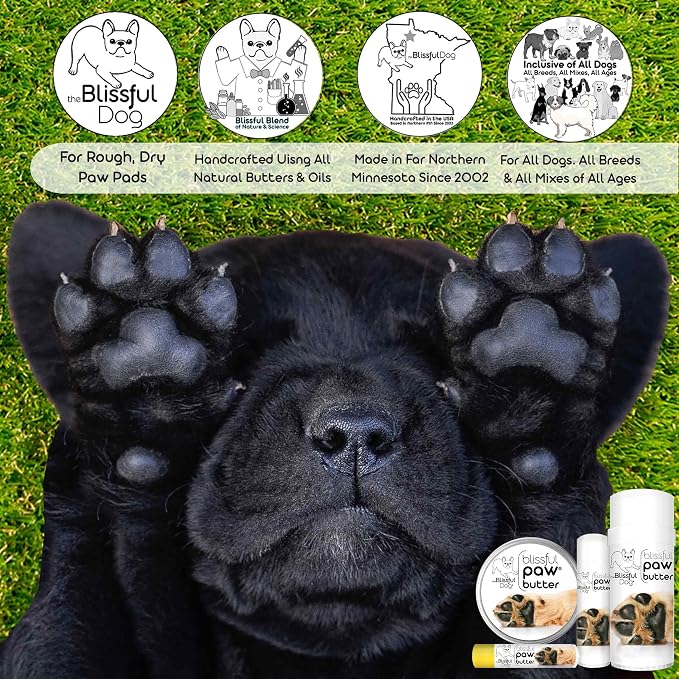 The Blissful Dog Paw Butter, Moisturizer for Dry Paw Pads, Softens and Protects a Rough Paw in Winter, Versatile, Lick-Safe Dog Pad Balm, 8 oz.