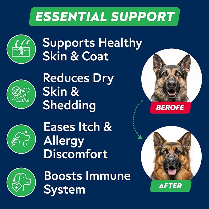 STRELLALAB Fish Oil Omega 3 6 9 Chews for Dogs - Allergy and Itch Relief - Flea and Tick Chews for Dogs - Skin and Coat Supplement - Shedding, Itchy Skin Relief - 180 Promo Jar - Chicken Liver