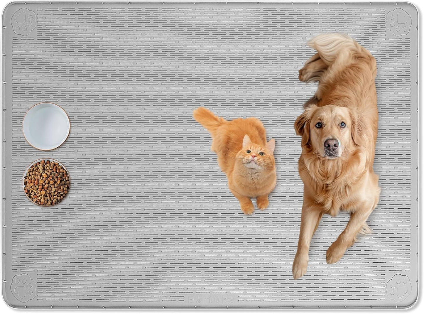 Cat Food Mat, 50" x 35" Extra Large Silicone Pet Feeding Mat with Raised Edge Pet Placemat for Food and Water Bowl Non-Slip, Easy to Clean, Floor Protection (Grey)