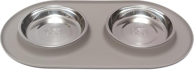 Messy Cats Double Silicone Feeder with Stainless Saucer Shaped Bowl | Anti-Slip Non-Skid Cat Food Bowls | Two Cat Bowls in Feeding/Water Station | 1.75 Cups per Bowl (Grey)