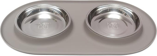 Messy Cats Double Silicone Feeder with Stainless Saucer Shaped Bowl | Anti-Slip Non-Skid Cat Food Bowls | Two Cat Bowls in Feeding/Water Station | 1.75 Cups per Bowl (Grey)