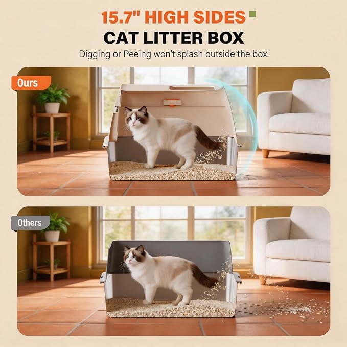 Stainless Steel Litter Box with Lid, Extra Large Enclosed Cat Litter Pan for Big Cats, High Sided Metal Litter Box with Enclosure, Front & Top Entry, Easy Clean, Anti-Leakage, Includes Scoop，Cream