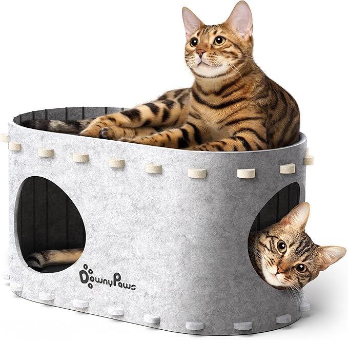 DownyPaws Cat House for Indoor Cats, Cat Bed Cave for Multiple & Large Cats Up to 22 Lbs, Scratch Resistant Peekaboo Cat Caves, Foldable Cat Tunnel Enclosed Bed, PeekaPurr, Cream and Marble