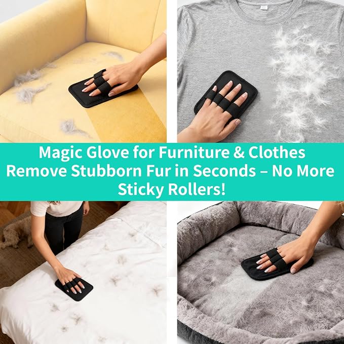 Carpet Rake for Pet Hair Removal, Adjustable Rubber Broom with Squeegee, 4-Piece Pet Hair Remover Kit with Gloves & Scraper for Dog & Cat Hair, Rugs, Couch, Car Seats