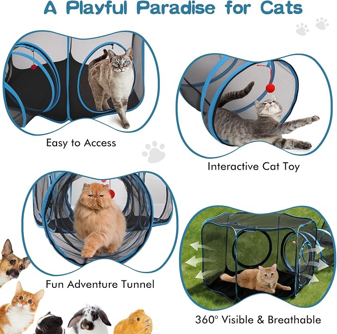 Outdoor Cat Enclosure, 4-in-1 Cat Tent Outdoor Pet Playpen with Tunnel, Portable Catio Play Pen for Outside and Indoor Cat Enclosure with Storage Bag for Kitty and Small Animals