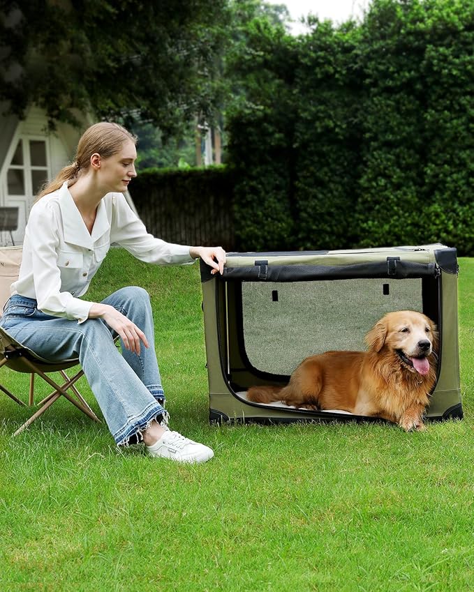 Veraste 30" L x 21" W x 21" H Collapsible Travel Dog Crate, Portable Soft Dog Kennel for Medium Dogs up to 45 lbs, 4-Door Foldable Travel Crate with Durable Mesh & Storage Bag, Green