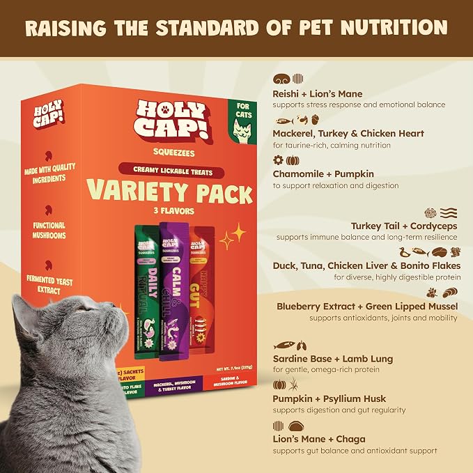 Variety Pack Grain-Free Lickable Cat Treats 15 Squeezable Purée Tubes (0.5 oz Each), Daily Ritual, Happy Gut & Calm & Chill Flavors, Creamy Cat Purée with Clean Ingredients