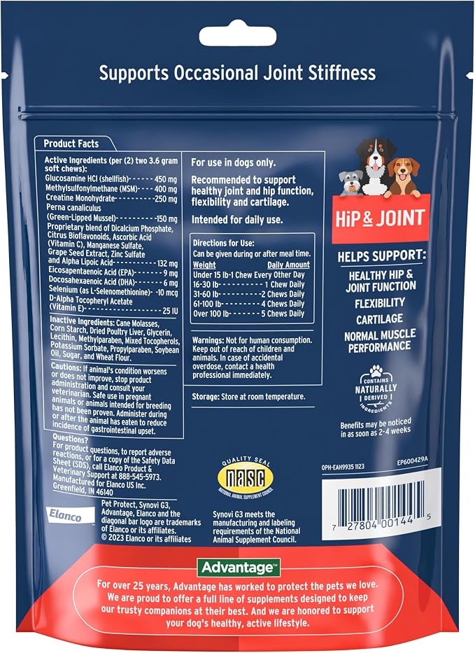 Pet Protect Dog Hip & Joint Supplement for Occasional Joint Stiffness, Vet-Formulated Synovi G3, Dog Glucosamine, Chicken-Flavored Soft Chews (120 Count)
