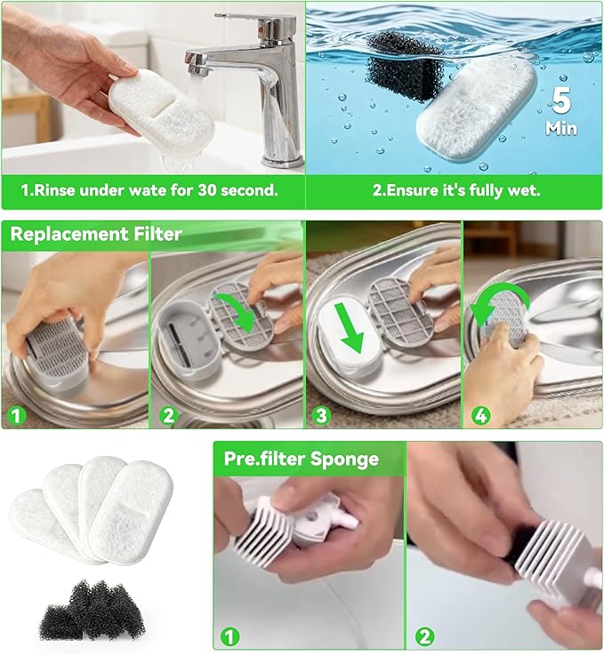 Cat Water Fountain Filter Replacement: 8 Carbon Filters & 8 Foam Sponges Kitty Spout Pump Filters for 108Oz/3.2L & 67Oz/2L Stainless Steel Pet Water Dispenser Cat Dog