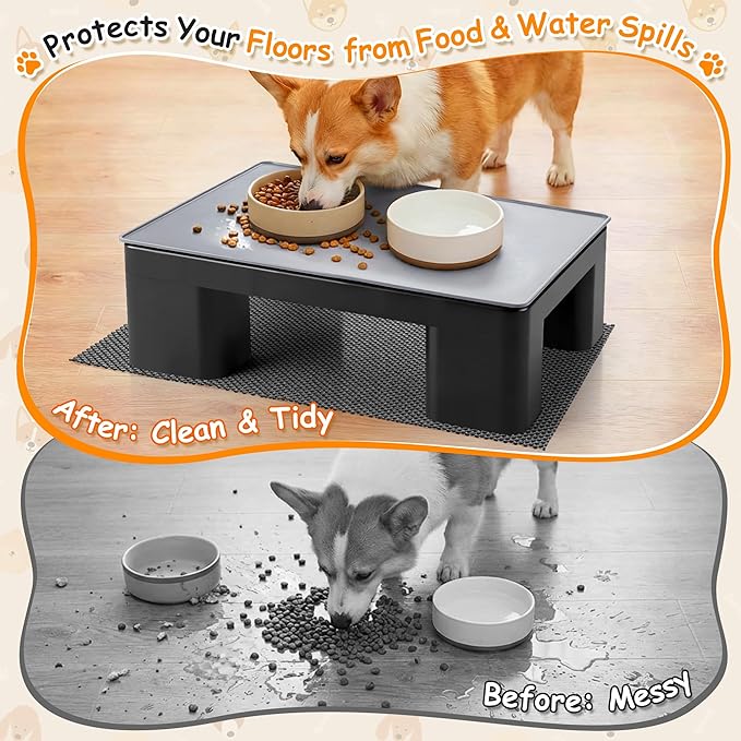 Upgraded Elevated Dog Bowl Stand and 100% Waterproof & Non-Slip Mat, Raised Bowl Stand for Small Medium Dogs, Easy-Clean Silicone Pet Food Mat- Neck Strain Relief & Protect Your Floors