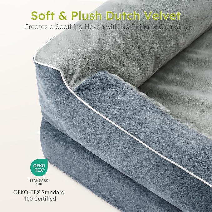 CWAWZ Dog Beds for Large Dogs, Orthopedic Dog Bed with Cooling Gel Memory Foam, Waterproof Large Pet Bed with Removable Washable Cover, 36" Pet Sofa Couch Dutch Velvet with Bone Toy, Dark Gray