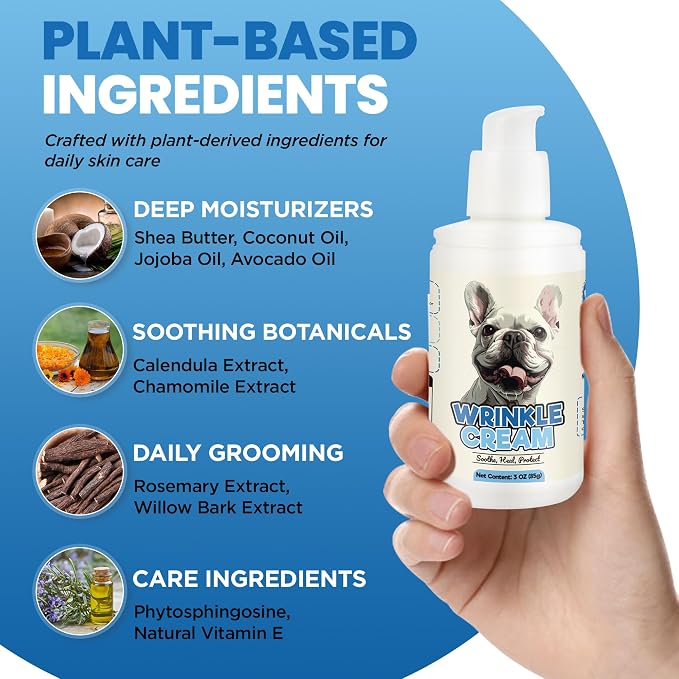 Dog Wrinkle Cream 3 Oz for Bulldogs' Face, Tail Pockets, Paws | Dog Wrinkle Care for Frenchies & Pugs - Moisturizing Balm For Gentle Sensitive Skin Care
