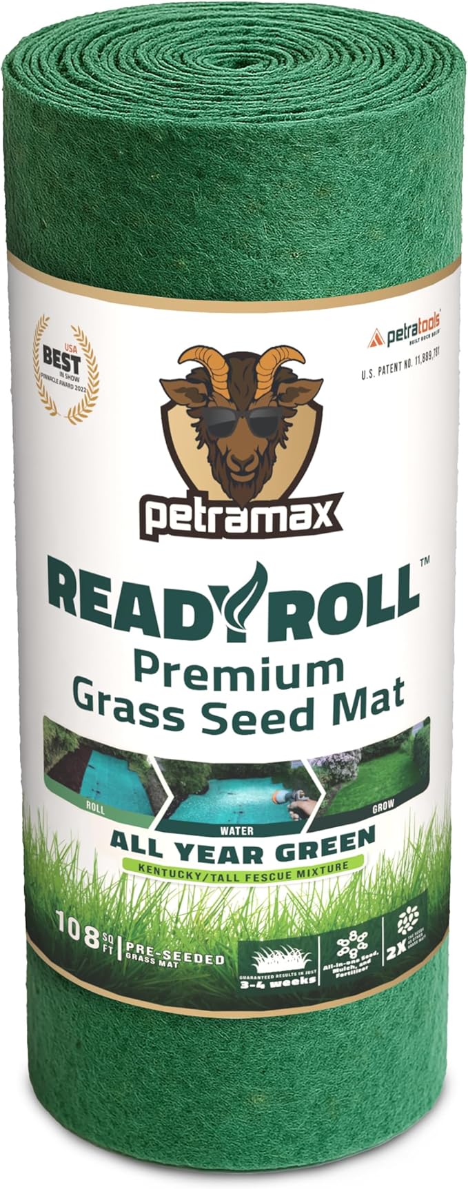 Petramax ReadyRoll Biodegradable Kentucky Grass Seed Mat for Southern Lawn (108 ft.) 3-in-1 Grass Seed Rolls w/Mulch & Fertilizer - Perennial Rye, Tall Fescue Blend - Heat Tolerant Lawn Repair Patch