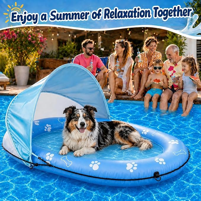 Dog Pool Float with Canopy - Heavy Duty 600D Oxford Anti-Tear Dog Raft, UPF 50+ Removable Sun Shade Inflatable Dog Float for Small, Medium & Large Dogs, Water Summer Toy for Lake & Pool, 55" x 35"
