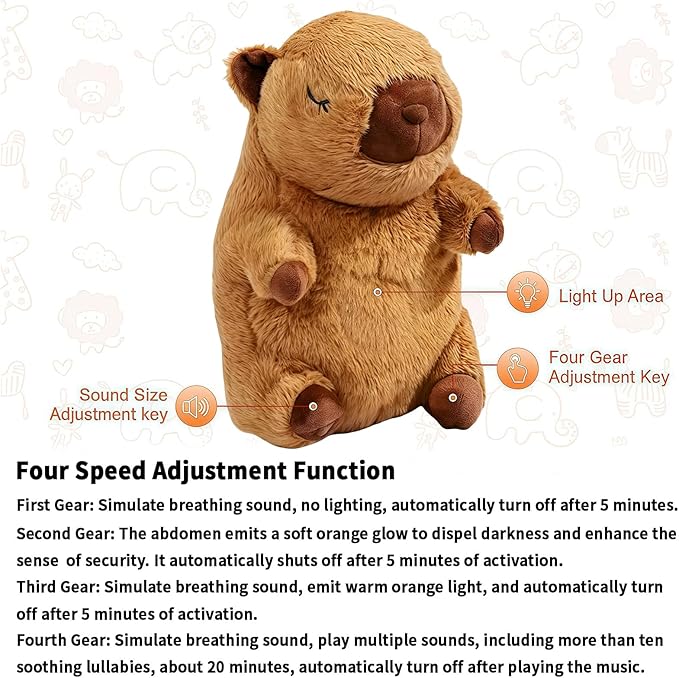 rytopt Breathing Stuffed Animal, Breathing Plush, Simulated Breathing Sounds, 4 Gear Adjustment, Volume Control, Portable Plush Toy with Music & Lights