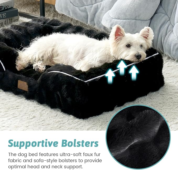 COZY KISS Orthopedic Dog Bed for Medium Small Size Dog, Soft and Warm Faux Fur Sofa for Pet Up to 40 lbs, Foam Bolster Anti-Slip Couch with Washable Removable Cover, M 30x20x6.5 inch, Black