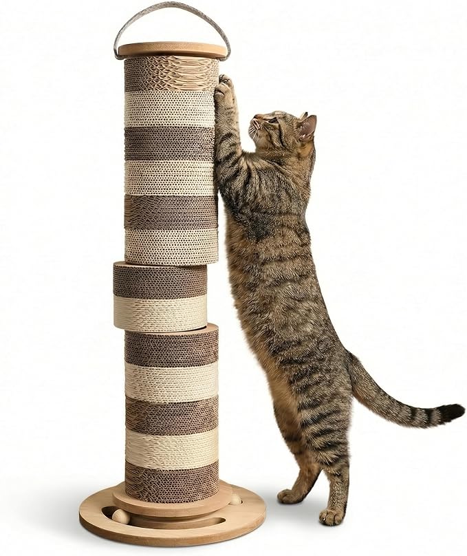 32” Tall Cat Scratching Post – Large Vertical Cardboard Cat Scratcher for Indoor Cats, Modular Replaceable Blocks, Heavy Stable Base, Modern Scratching Post for Adult & Large Cats