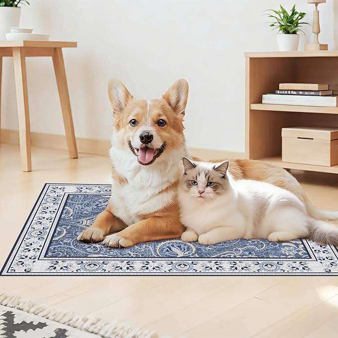 Blue Floral Pet Feeding Mat, Absorbent Dog/Cat Food Mat for Food and Water Bowl, Non-Slip Quick Dry Pet Placemat Floor Protector for Messy Drinkers(16 x 24 in)