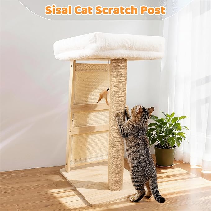 31.5" Cat Scratching Post, 3-in-1 Multifunctional Natural Pine Wood Cat Furniture, Tall Scratch Posts with Perch&Scratcher, Boxed with Hanging Bell Toy, Large