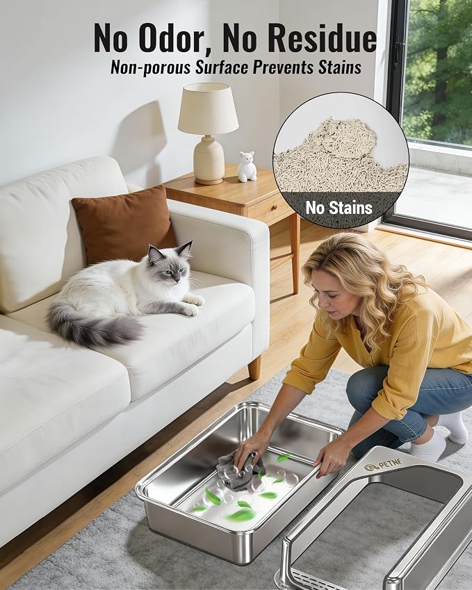PETNF All Metal Cat Litter Box - All Stainless Steel Litter Box, Odor-Free Large Capacity with Included Litter Scoop, Leak-Proof High-Sided, Easy-to-Maintain for Big Cats & Multi-Cat Homes (2 Pack)