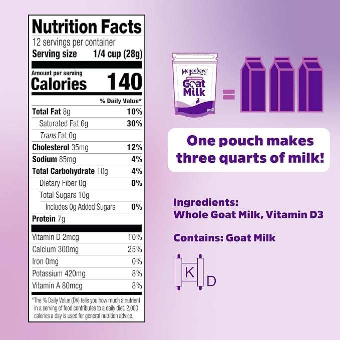 Meyenberg Whole Powdered Goat Milk, 12oz pouch, Kosher, Gluten Free, Vitamin D, 6pk