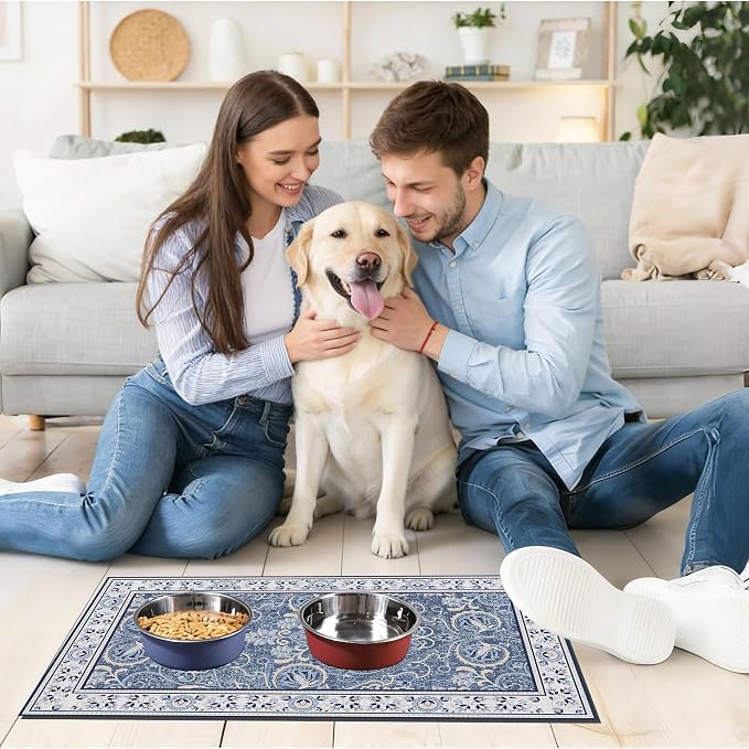 Blue Floral Pet Feeding Mat, Absorbent Dog/Cat Food Mat for Food and Water Bowl, Non-Slip Quick Dry Pet Placemat Floor Protector for Messy Drinkers(17 x 30 in)
