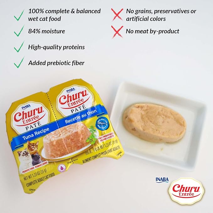 INABA Churu Entrée Pate for Cats, High Protein & Moisture, Prebiotic Wet Cat Food, 1.23oz. per Serving, 24 Servings, Tuna Variety