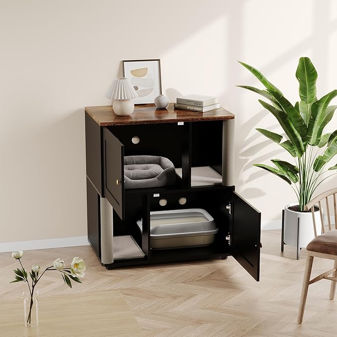 2-Tier Wooden Cat Litter Box Enclosure, Hidden Privacy Cabinet for 2 Cats, Space-Saving Indoor Pet House End Table with Built-in Scratching Post