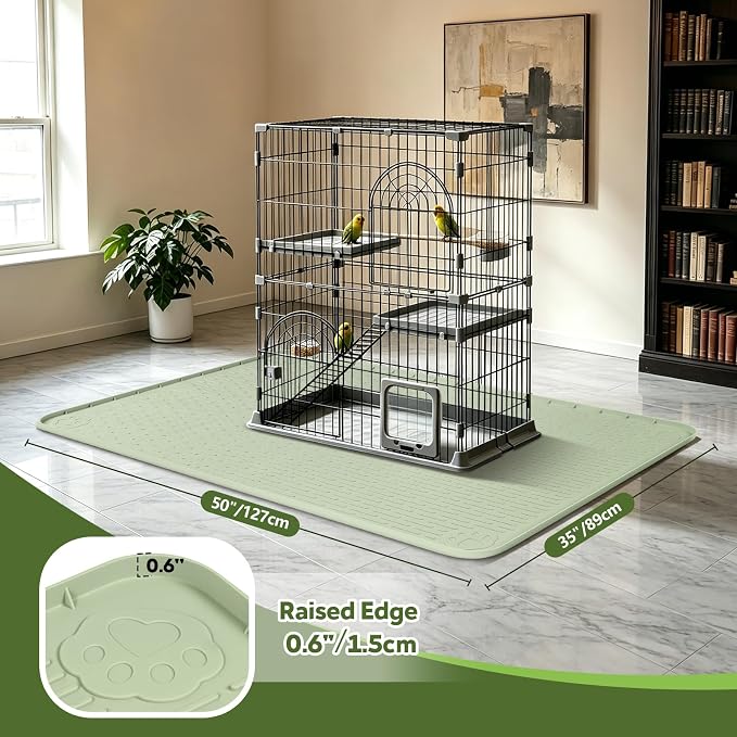 50" x 35" Silicone Large Bird Cage Mat, Waterproof Bird Cage Liner with Non-Slip Backing, Floor Protector for Crate Mats for Dog Cages, Kennels, Reptile Aquariums, Rabbit Habitats (Green)