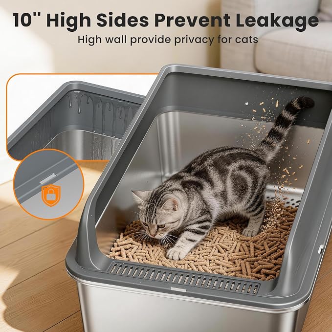 All Stainless Steel Sifting Litter Box with Lid,Metal Sifting Cat Litter Box for Pine Pellets,High Sides Sifter Litter Pan System for Kittens,Odor Control,Sifting Box Liners and Scoop