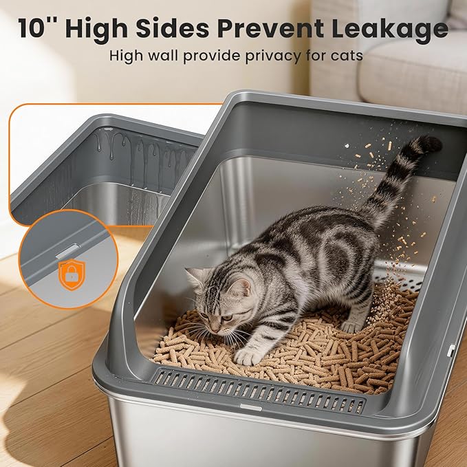 Stainless Steel Sifting Litter Box with Lid,Extra Large Metal Sifting Cat Litter Box for Pine Pellets,High Sides Sifter Litter Pan System for Kittens,Odor Control,Sifting Box Liners and Scoop