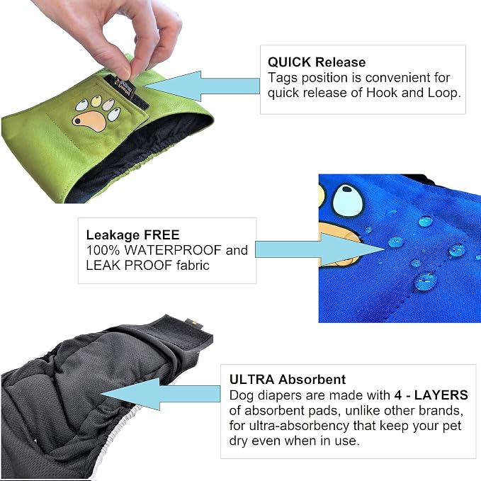 Pack of 3 or 6 Male Dog Diapers 4 - Layers of Absorbent Pads Waterproof Leak Proof Belly Band Wrap Washable (XS: Waist 7" - 10", Pack of 6 Black)