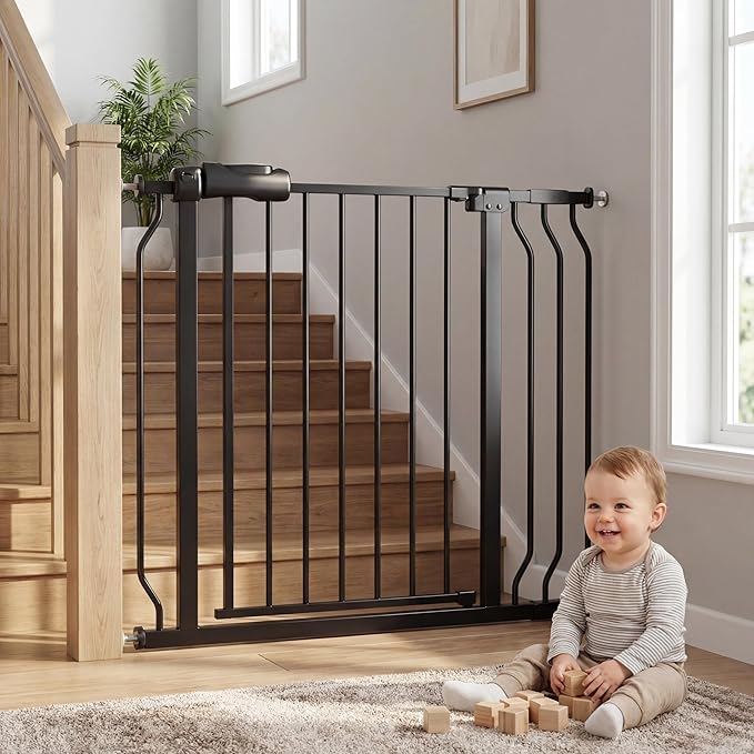 Extra Wide Baby Gate Tension Indoor Safety Gates Black Metal Large Pressure Mounted Pet Gate Walk Through Long Safety Dog Gate for The House Doorways Stairs (33.86"-38.58"/86-98CM, Black)