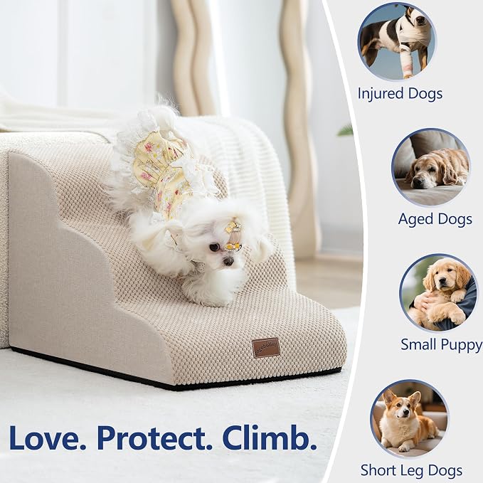 GoGoBunny Waterproof High Density Foam Curved Dog Stairs for High Beds Couches 19.7" H, 4-Step Ramp Dog Steps Friendly to Small Medium Dogs or Pets Joints, Non-Slip Balanced Durable Pet Step, Beige