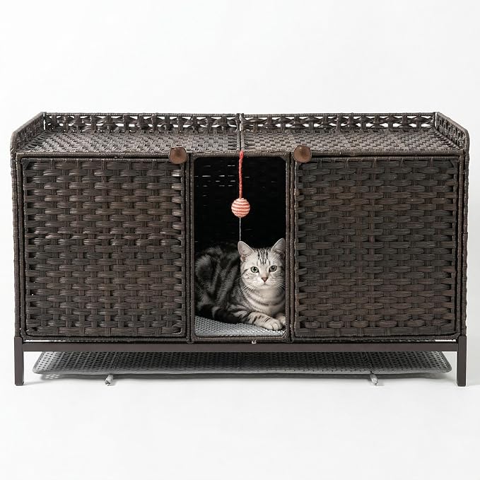 Cat Litter Box Enclosure Furniture, Handwoven Rattan Cat Houses, Hidden Cat Washroom Furniture with Door/Mat, Large Space Cat Houses with S-Shaped Hooks, Living Room, Bedroom, Brown
