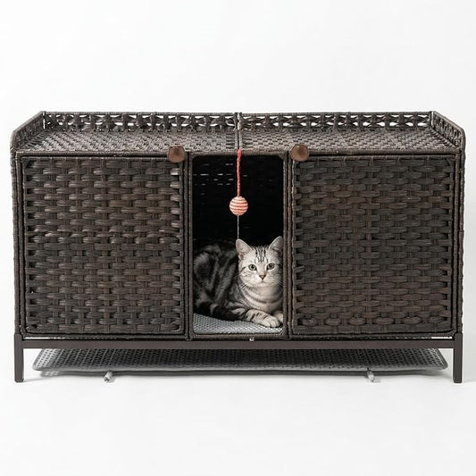 Cat Litter Box Enclosure Furniture, Handwoven Rattan Cat Houses, Hidden Cat Washroom Furniture with Door/Mat, Large Space Cat Houses with S-Shaped Hooks, Living Room, Bedroom, Brown