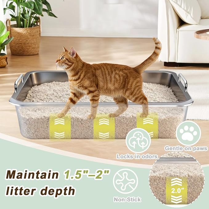 Stainless Steel Sifting Cat Litter Box for Clumping Clay Litter,Large Metal Litter Box with Litter Bag,Sifting Tray and Handle for Easy Lifting, Odor Control (17.7"x13.7"x5.9")