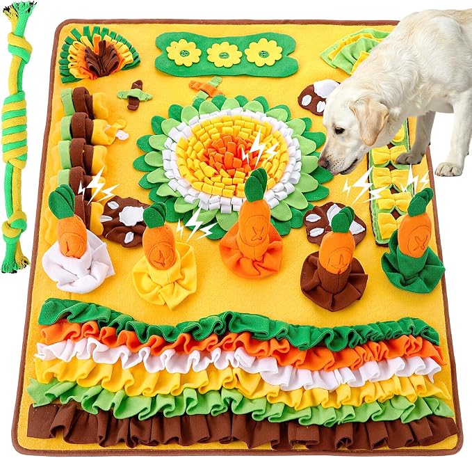Hsei Large Snuffle Mat for Dogs Set 40'' x 30'' Colorful Nosework Feeding Mat with 5 Squeaky Carrots Cotton and 1 Cotton Rope Toy Interactive Foraging Puzzle for Stress Relief Slow Feeding