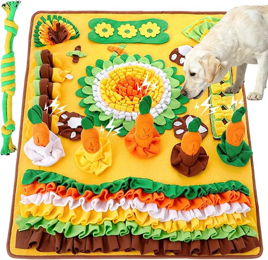 Hsei Large Snuffle Mat for Dogs Set 40'' x 30'' Colorful Nosework Feeding Mat with 5 Squeaky Carrots Cotton and 1 Cotton Rope Toy Interactive Foraging Puzzle for Stress Relief Slow Feeding