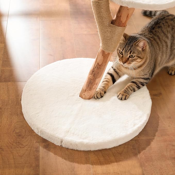 YOCAN Modern Cat Tree Tower for Indoor Cats, 2-Tier Cat Furniture with Natural Wood Posts, Soft Plush Bed, Scratching Post & Hanging Ball Toy, Stylish Cat Climbing Tower