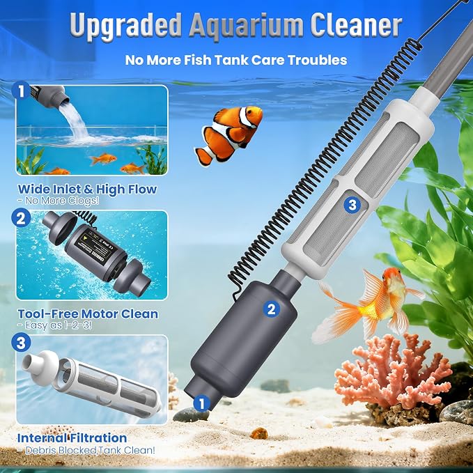 Cordless Aquarium Vacuum Gravel Cleaner: 36W Electric Rechargeable Fish Tank Cleaner with 4 Adjustable Suction, Anti-Clog for Debris Clean & Sand Washing,Automatic Water Changer for Small/Large Tank
