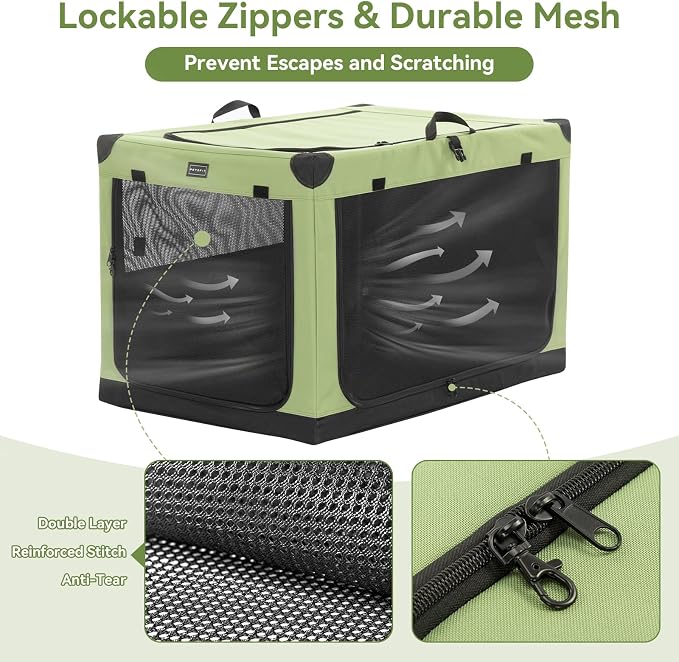 PETSFIT 26" Soft Portable Dog Crate – Patented Spiral Sturdy Frame, Collapsible Travel Kennel for Small Dogs, 3 Mesh Door, Lockable Zippers, Indoor & Car Use Green