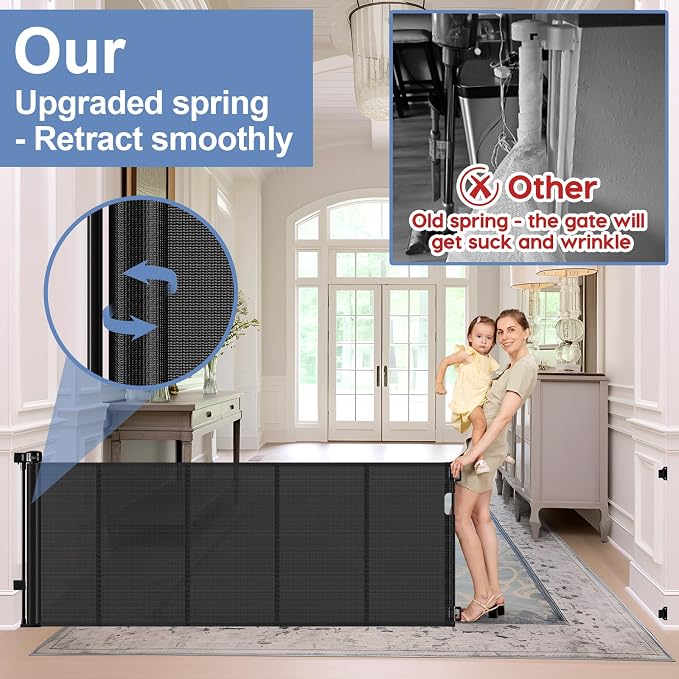 Reinforced 200 Inch Extra Wide Baby Gate Retractable Dog Gate 16.7ft Outdoor pet Gates for Wide Openings 37 Inch Tall No Sag Mesh Retractable Baby Gates for Doorways with Reinforced Strips, Black