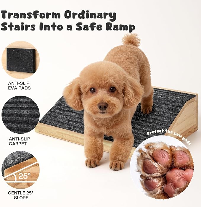 4-Pack Wooden Dog Ramp for Stairs, Anti-Slip Pet Steps for Small Dogs with Carpet Surface, Low-Angled Pet Ramps for Staircase, Steps and Stairs Assist for Injured & Aged Pets, Stairs Ramp for Dogs