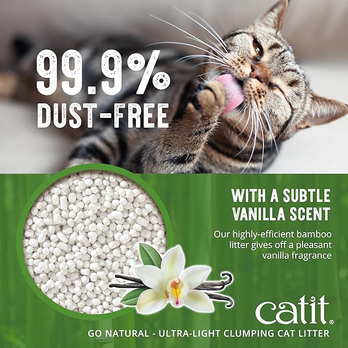 Catit Go Natural Ultra-Light Clumping Cat Litter, Bamboo Pellets, Dust-Free, Lightweight, Compostable, Vanilla Scent, Soft on Paws, Deodorizing, Eco-Friendly 3.15lb (4-Pack)