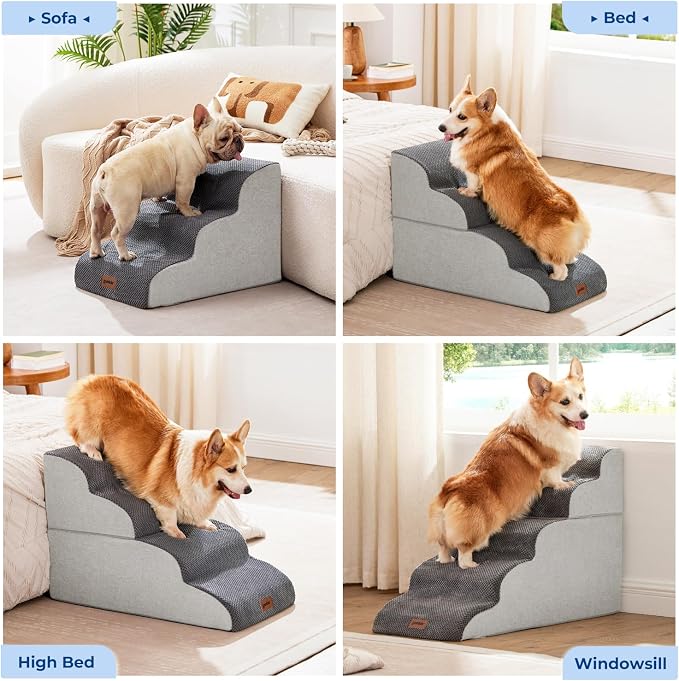 ZOMISIA Pet Stairs for Small Dogs 15.7" H - Dog Stairs for Couch and Bed, 35D Foam Dog Steps Ramp with Non-Slip Bottom Grey, 3 Steps