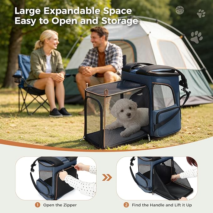 Lekereise Large Cat Backpack Carrier Fit Up to 20 25 Lbs, Expandable Pet Carrier Backpack Foldable Dog Backpack Carrier, Blue