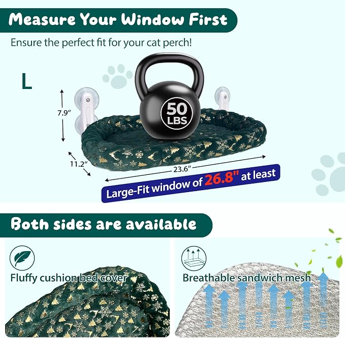 L&W BROS. 2-Pack Foldable Cat Window Perches with Christmas Cushion Bed Easy to Assemble Cats Hammock for Window, Warm Indoor Cat Beds for Large Cats, Edition(L Green)