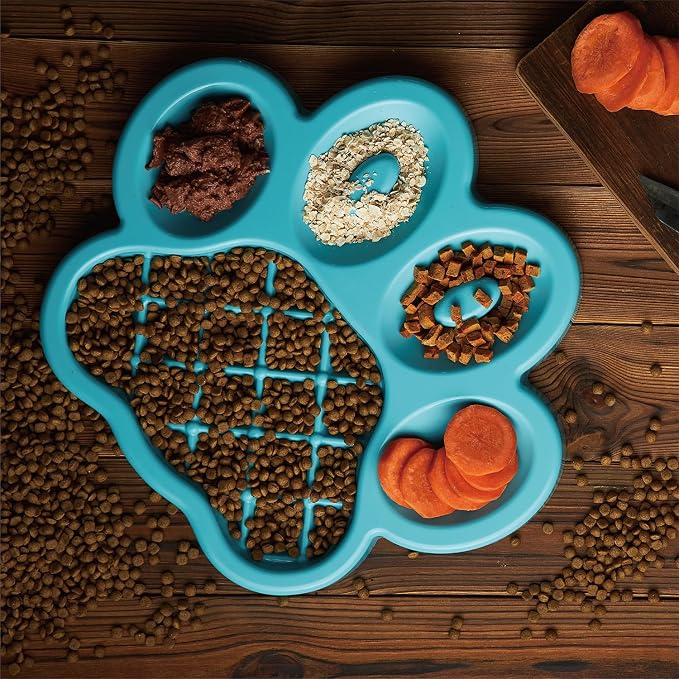 PetDreamHouse PAW Feeder Interactive Bowl for Dogs, Puppies or Cats Plate Food Treats Controls Fast Eating Anti Bloating - Blue